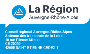 Logo et adresse de l'antenne des transports de la Loire de la Région Auvergne-Rhône-Alpes. Adresse postale : 18 rue Étienne-Mimard, CS 20260, 42006 SAINT-ÉTIENNE CEDEX 1. Cliquez pour accéder au site Internet de la Région Auvergne-Rhône-Alpes.